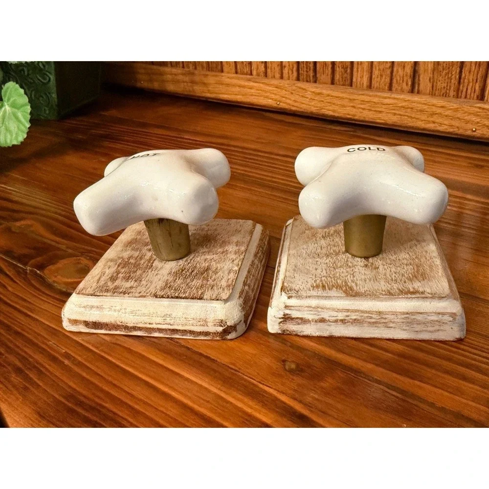 Hot Cold Faucet Knob Wall Hooks Set Rustic Farmhouse Wood Ceramic Bathroom